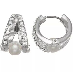 You're Invited Simulated Pearl & Crystals Double Hoop Silver Tone Drop Earrings